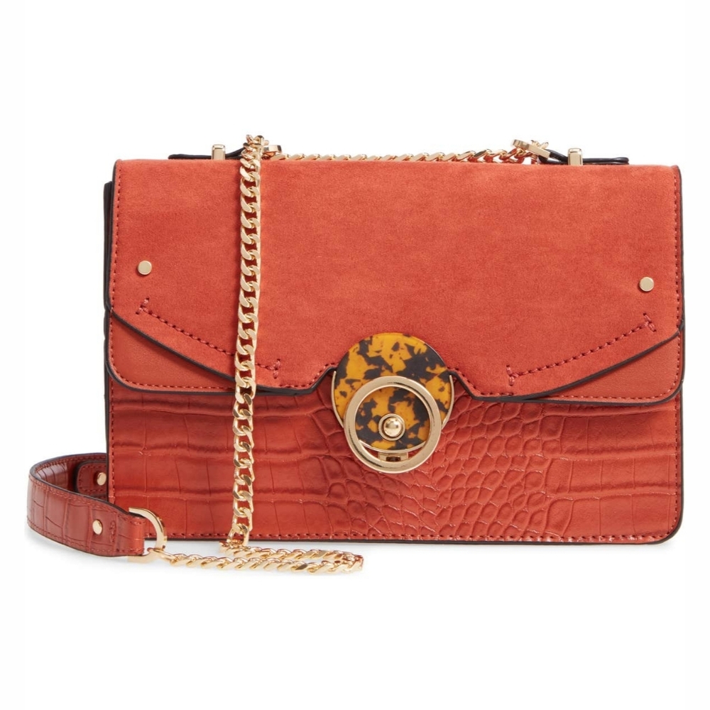 Topshop Spark Chain Shoulder Bag‎ In Retro Orange Vegan Leather & Tortoise Shell